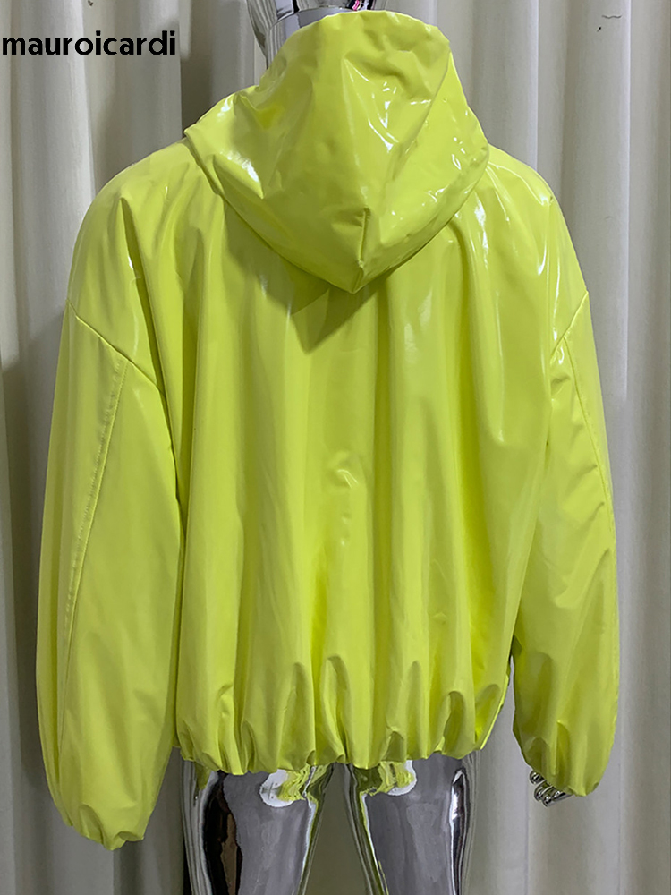 Streetwear Brand Clothing - Mauroicardi 봄 오버사이즈 샤이니 글로시 가죽
